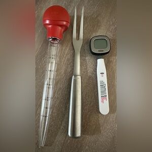 OXO Red Baster, Stainless Steel Fork and Digital Meat Thermometer Set